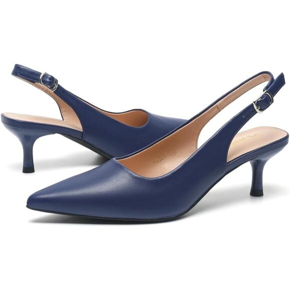 🆕Women Navy PU Low Kitten Heel Slingback Pump Sandals Pointed Toe Heels - Picture 5 of 7